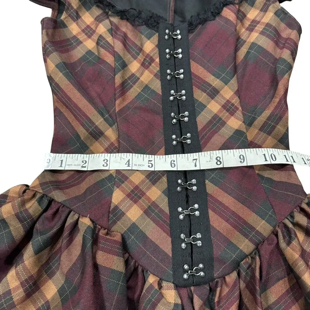 Widow Corset Mini Dress XXS Burgundy Plaid Hook & Eye Goth Punk Alt NWT - Picture 9 of 13
